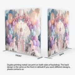 Lofaris Dreamy Pink Castle Unicorn and Pastel Balloon Arch Square Double-Sided Backdrop Magical Birthday Party Decor