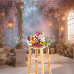 Lofaris Dreamy Pink Cherry Blossom Photography Backdrop Enchanted Garden with Stone Pillars and Glowing Lanterns