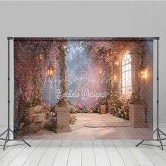 Lofaris Dreamy Pink Cherry Blossom Photography Backdrop Enchanted Garden with Stone Pillars and Glowing Lanterns