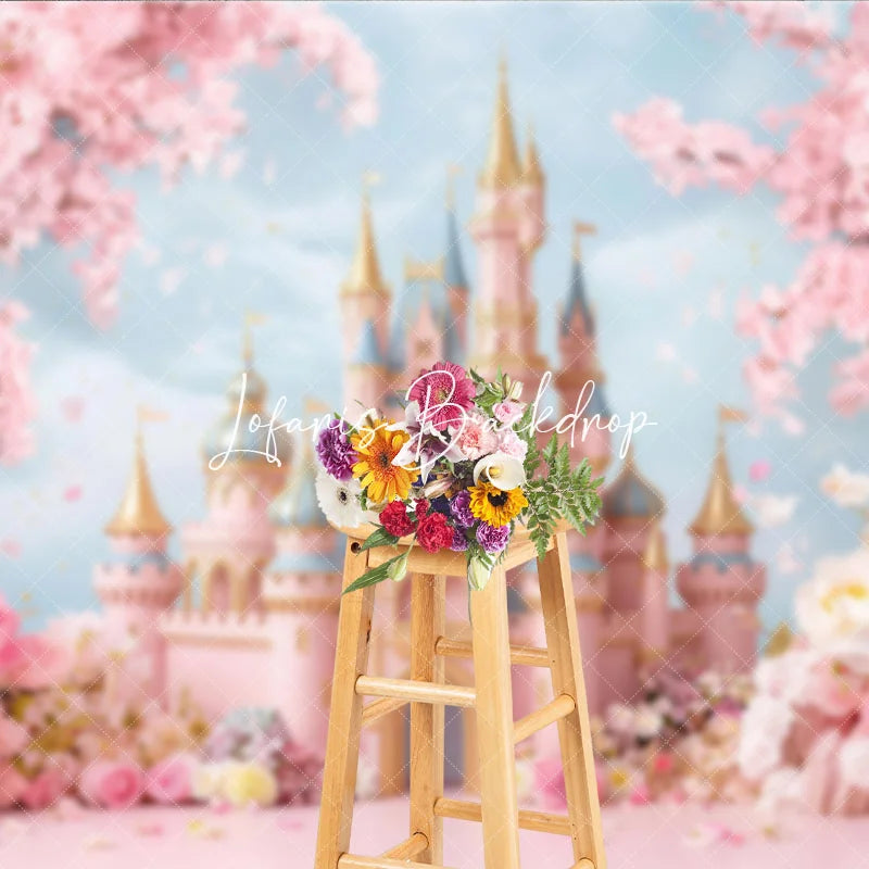 Lofaris Dreamy Pink Fairy Tale Castle Photography Backdrop with Cherry Blossoms and Floral Garden for Princess Birthday Party