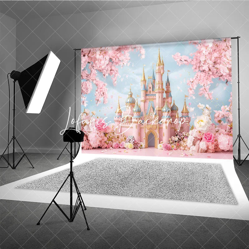 Lofaris Dreamy Pink Fairy Tale Castle Photography Backdrop with Cherry Blossoms and Floral Garden for Princess Birthday Party