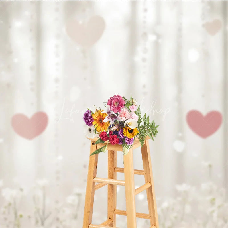 Lofaris Dreamy Pink Hearts and White Flowers Photography Backdrop Sparkling Bokeh Crystal Strands for Romantic Celebrations