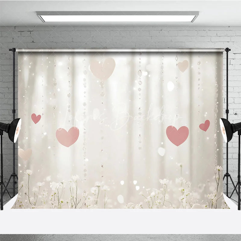Lofaris Dreamy Pink Hearts and White Flowers Photography Backdrop Sparkling Bokeh Crystal Strands for Romantic Celebrations