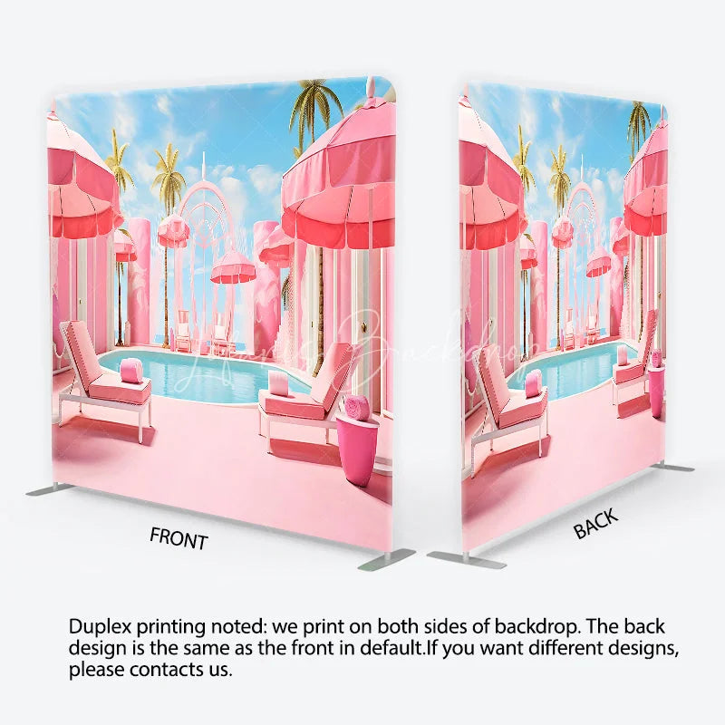Lofaris Dreamy Pink Poolside Resort with Palm Trees and Umbrellas Square Double-Sided Backdrop Tropical Summer Party Decor
