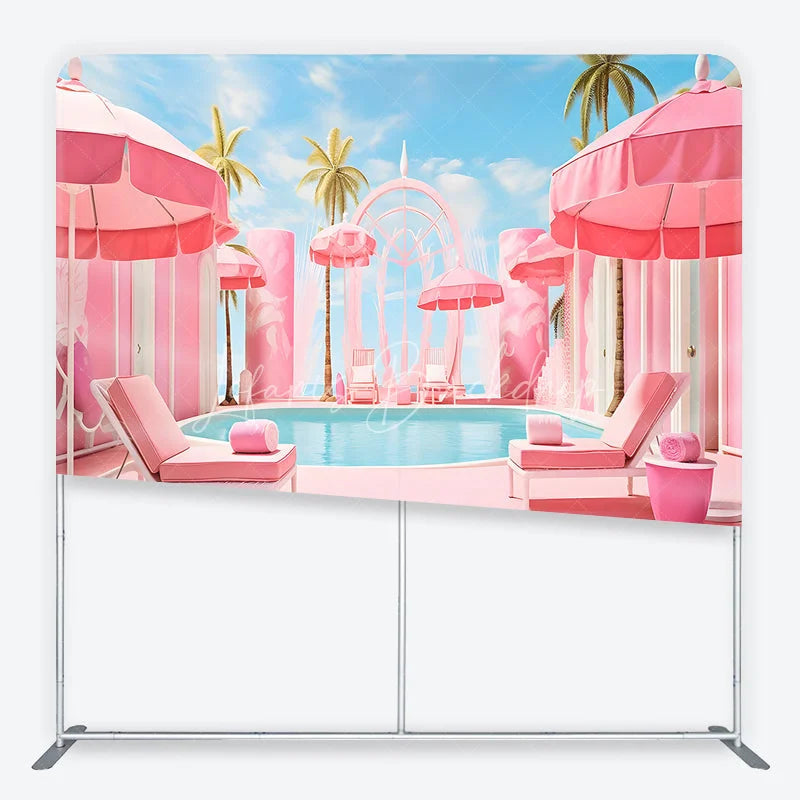 Lofaris Dreamy Pink Poolside Resort with Palm Trees and Umbrellas Square Double-Sided Backdrop Tropical Summer Party Decor