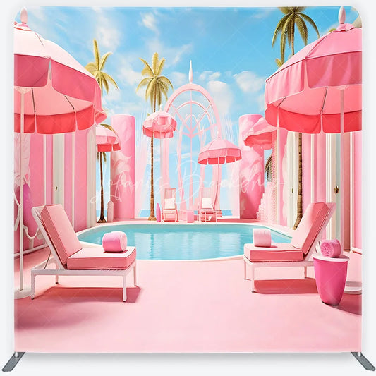 Lofaris Dreamy Pink Poolside Resort with Palm Trees and Umbrellas Square Double-Sided Backdrop Tropical Summer Party Decor