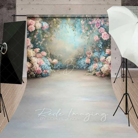 Lofaris Dreamy Pink Roses Blue Hydrangeas Floral Garden Backdrop Spring Wedding Photography Baby Shower Portrait Studio