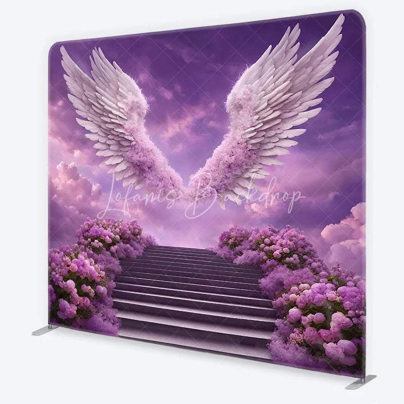 Lofaris Dreamy Purple Sky with White and Pink Floral Wings Square Double-Sided Backdrop Ethereal Fantasy Wedding Decor