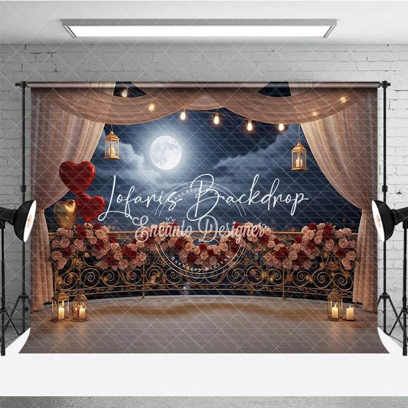 Lofaris Dreamy Romantic Balcony Photography Backdrop with Full Moon Rose Garland String Lights and Heart Balloons.