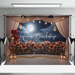 Lofaris Dreamy Romantic Balcony Photography Backdrop with Full Moon Rose Garland String Lights and Heart Balloons.