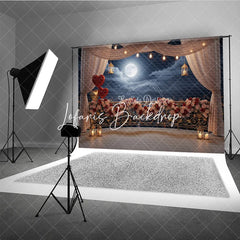 Lofaris Dreamy Romantic Balcony Photography Backdrop with Full Moon Rose Garland String Lights and Heart Balloons.