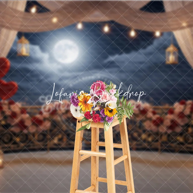 Lofaris Dreamy Romantic Balcony Photography Backdrop with Full Moon Rose Garland String Lights and Heart Balloons.