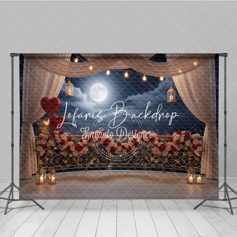 Lofaris Dreamy Romantic Balcony Photography Backdrop with Full Moon Rose Garland String Lights and Heart Balloons.