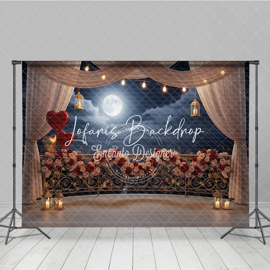 Lofaris Dreamy Romantic Balcony Photography Backdrop with Full Moon Rose Garland String Lights and Heart Balloons.