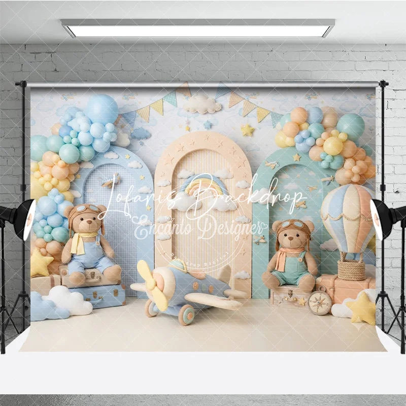 Lofaris Dreamy Teddy Bear Aviator Photography Backdrop with Hot Air Balloon and Airplane for Baby Shower Birthday Party
