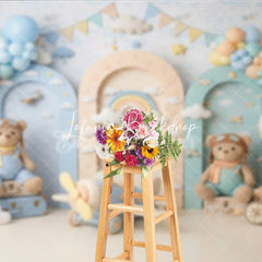Lofaris Dreamy Teddy Bear Aviator Photography Backdrop with Hot Air Balloon and Airplane for Baby Shower Birthday Party