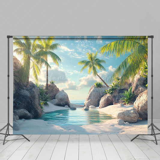 Lofaris Dreamy Tropical Beach Scene Water Palms Backdrop