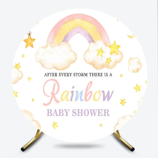 Lofaris Dreamy Watercolor Pastel Rainbow and Clouds Round Backdrop Golden Stars Moon Baby Shower Decor