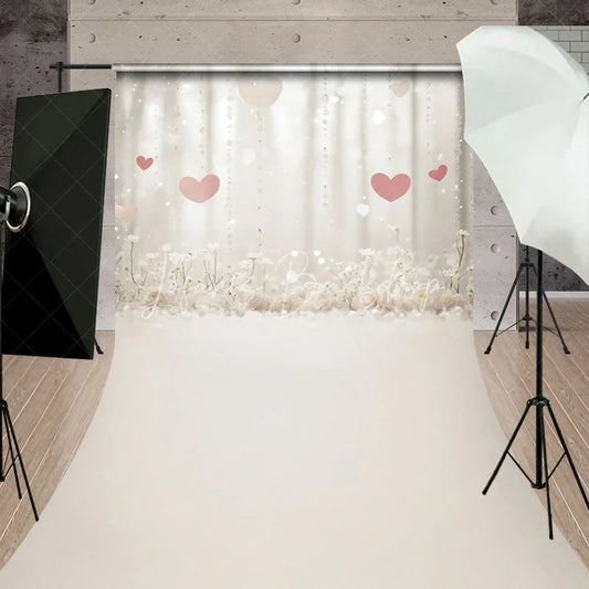Lofaris Dreamy White Floral and Pink Hearts Sweep Backdrop Romantic Sparkling Lights for Valentine’s Day Wedding
