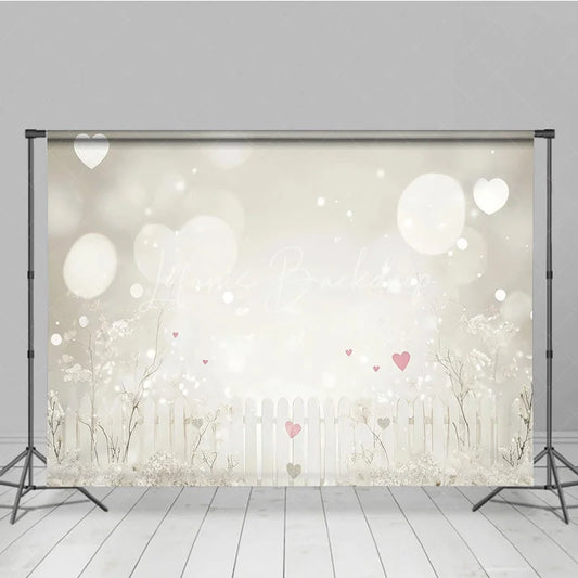 Lofaris Dreamy White Picket Fence Photography Backdrop with Bokeh Lights and Pink Hearts for Romantic Portraits