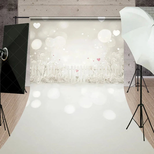 Lofaris Dreamy White Picket Fence Sweep Backdrop Romantic Pink Hearts and Bokeh Lights for Valentine’s Day Party