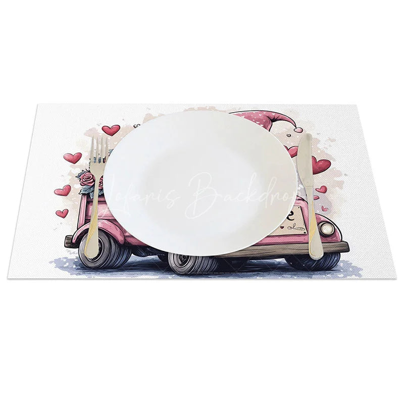 Lofaris Driving Gnome Pink Truck Set of 4 Placemats Rose Delivery Valentine Decoration Love License Plate Mat