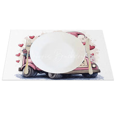 Lofaris Driving Gnome Pink Truck Set of 4 Placemats Rose Delivery Valentine Decoration Love License Plate Mat
