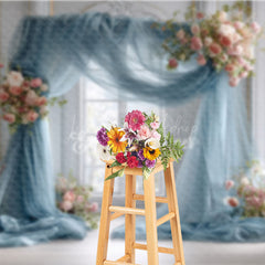 Lofaris Dusty Blue Draped Wedding Arch Photography Backdrop Pink Rose Floral Decor Elegant Indoor Ceremony Background
