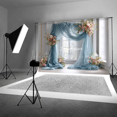 Lofaris Dusty Blue Draped Wedding Arch Photography Backdrop Pink Rose Floral Decor Elegant Indoor Ceremony Background