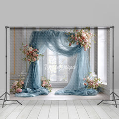 Lofaris Dusty Blue Draped Wedding Arch Photography Backdrop Pink Rose Floral Decor Elegant Indoor Ceremony Background