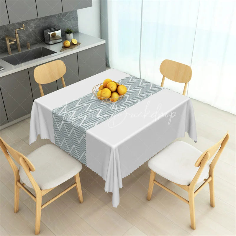 Lofaris Dusty Blue Geometric Band Rectangle Tablecloth Modern White Herringbone Pattern Table Cover