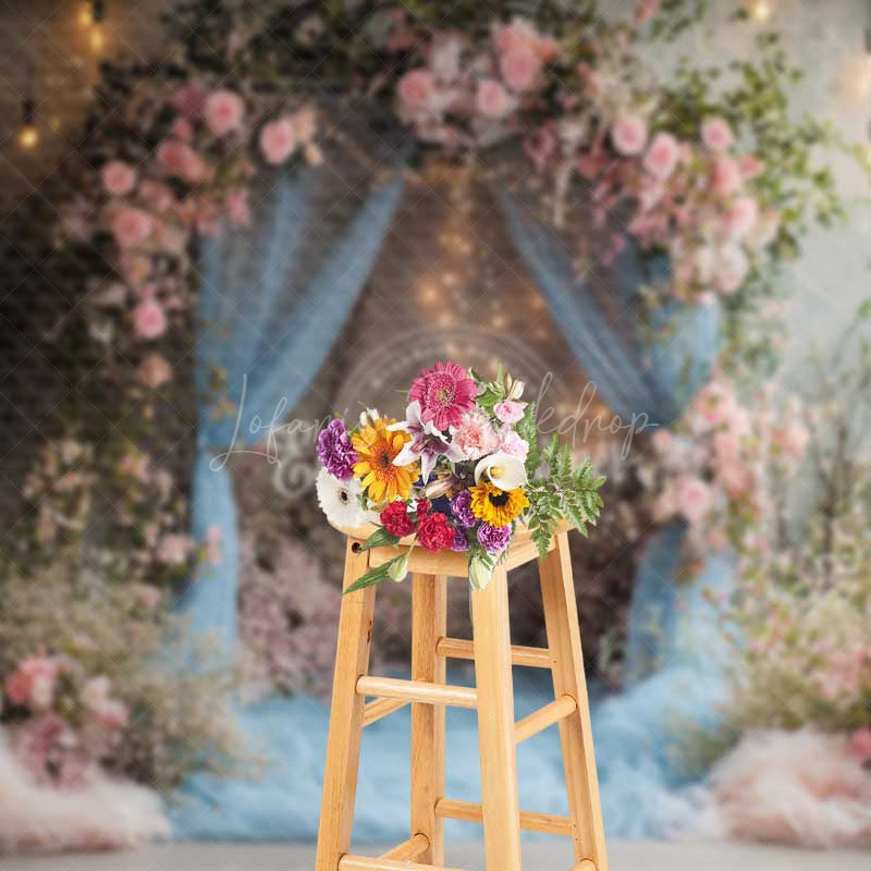 Lofaris Dusty Blue Tulle Wedding Arch Photography Backdrop Romantic Pink Roses and Greenery Indoor Night Ceremony Prop