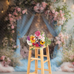 Lofaris Dusty Blue Tulle Wedding Arch Photography Backdrop Romantic Pink Roses and Greenery Indoor Night Ceremony Prop