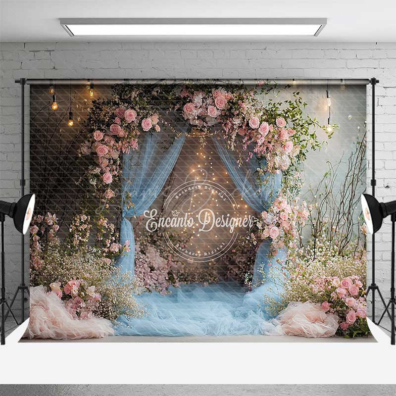 Lofaris Dusty Blue Tulle Wedding Arch Photography Backdrop Romantic Pink Roses and Greenery Indoor Night Ceremony Prop