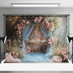 Lofaris Dusty Blue Tulle Wedding Arch Photography Backdrop Romantic Pink Roses and Greenery Indoor Night Ceremony Prop