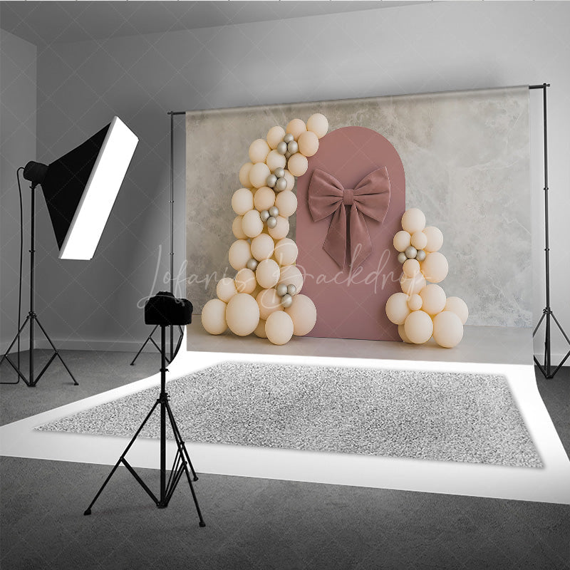Lofaris Dusty Rose Velvet Bow Cake Smash Backdrop Neutral Balloon Arch and Panel Elegant Girl First Birthday Prop