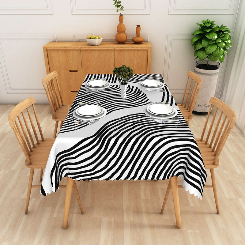 Lofaris Dynamic Black And White Waves Striped Tablecloth