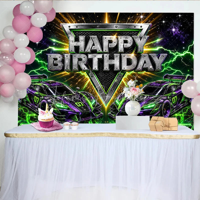 Lofaris Dynamic Racing Car Birthday Backdrop with Green and Purple Neon Lightning Futuristic Party Decor