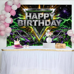 Lofaris Dynamic Racing Car Birthday Backdrop with Green and Purple Neon Lightning Futuristic Party Decor