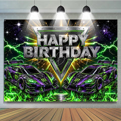 Lofaris Dynamic Racing Car Birthday Backdrop with Green and Purple Neon Lightning Futuristic Party Decor