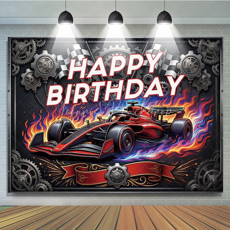 Lofaris Dynamic Red Racing Car Birthday Backdrop with Checkered Flags and Gears Happy Party Decor