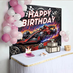 Lofaris Dynamic Red Racing Car Birthday Backdrop with Checkered Flags and Gears Happy Party Decor