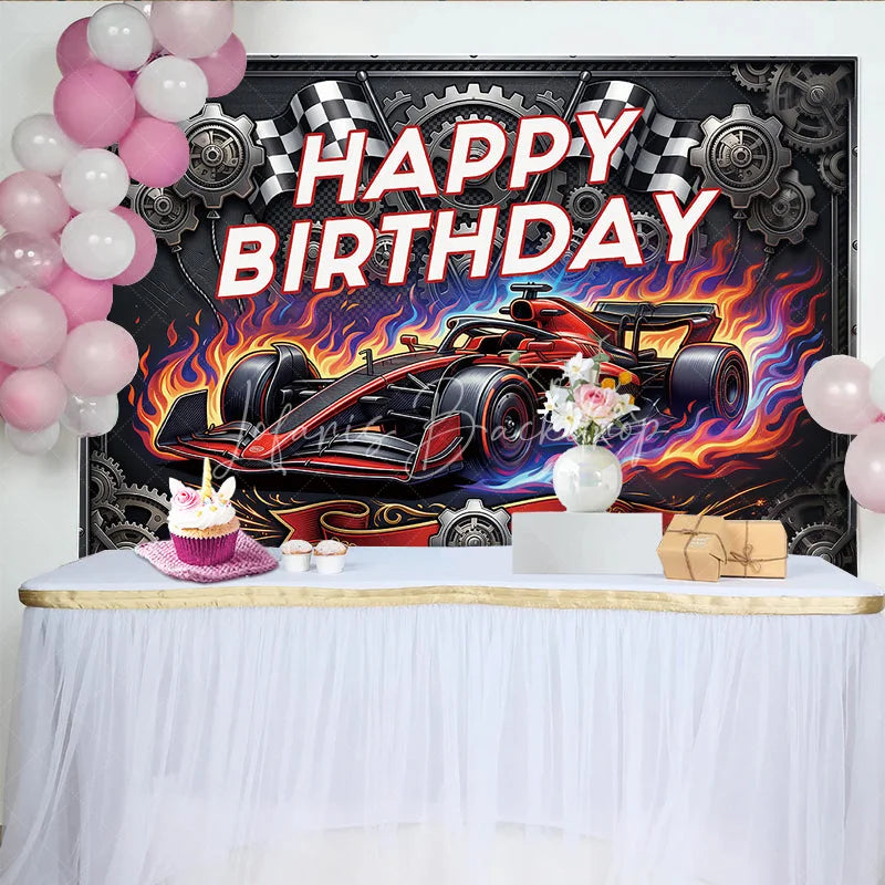 Lofaris Dynamic Red Racing Car Birthday Backdrop with Checkered Flags and Gears Happy Party Decor