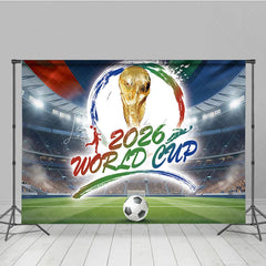 Lofaris Dynamic Soccer Stadium Holiday Backdrop featuring a Golden Championship Trophy and Football Ball for Sports Party Celebration