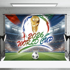 Lofaris Dynamic Soccer Stadium Holiday Backdrop featuring a Golden Championship Trophy and Football Ball for Sports Party Celebration