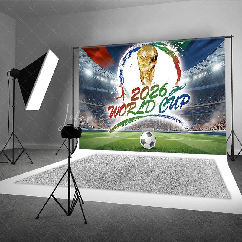 Lofaris Dynamic Soccer Stadium Holiday Backdrop featuring a Golden Championship Trophy and Football Ball for Sports Party Celebration