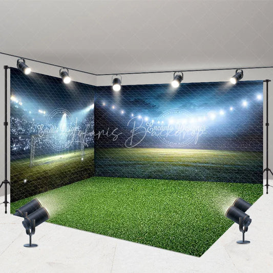 Lofaris Dynamic Soccer Stadium Room Set Backdrop with Green Field and Bright Spotlights Sports Game Night Party Decor
