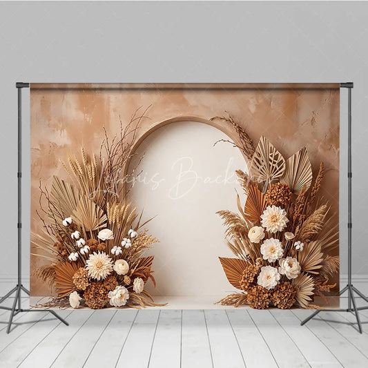Lofaris Earthy Toned Arched Photography Backdrop with Dried Pampas Grass Wheat and Cream Floral Decor Baby Shower