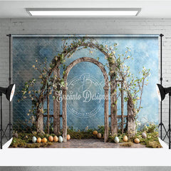 Lofaris Easter Arch Backdrop Rustic Spring Floral Wood Gate and Colorful Eggs Garden Photography Background