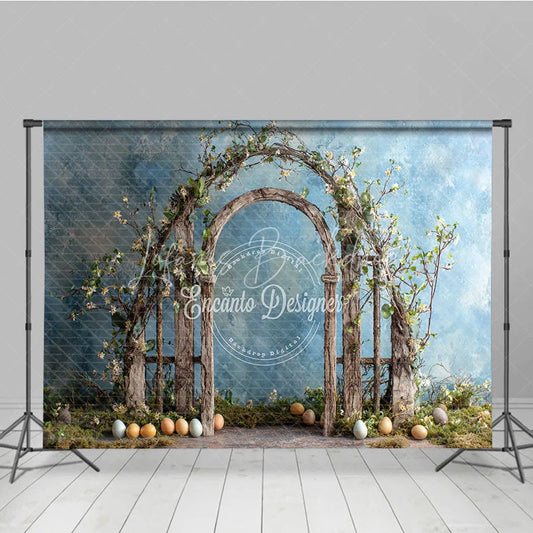 Lofaris Easter Arch Backdrop Rustic Spring Floral Wood Gate and Colorful Eggs Garden Photography Background